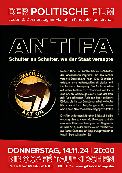 Filmplakat "Antifa - Schulter an Schulter, wo der Staat versagte" - 14.11.24 im Kinocafé Taufkirchen